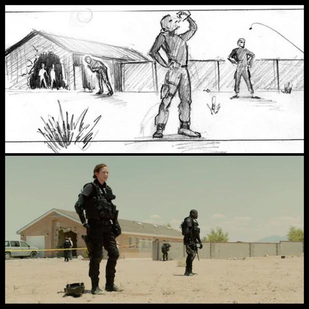 Sam's storyboard sketch and its corresponding screenshot, from Sicario's opening sequence